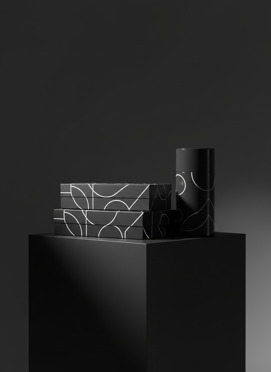 A refined packaging concept displayed on a matte black pedestal: a set of monochrome rectangular boxes with minimalist geometric patterns wrapping around their surfaces, paired with a single cylindrical container featuring a subtle gloss finish. All branding is represented as abstract shapes instead of readable logos. The pedestal stands in front of a smooth, dark charcoal backdrop that fades into shadow at the edges. A narrow beam of side lighting from the left sculpts the forms, creating dramatic highlights and deep, clean shadows. Photographic realism with a low, slightly angled camera perspective, emphasizing bold contrast, elegance, and the high-end sophistication of the graphic design work.